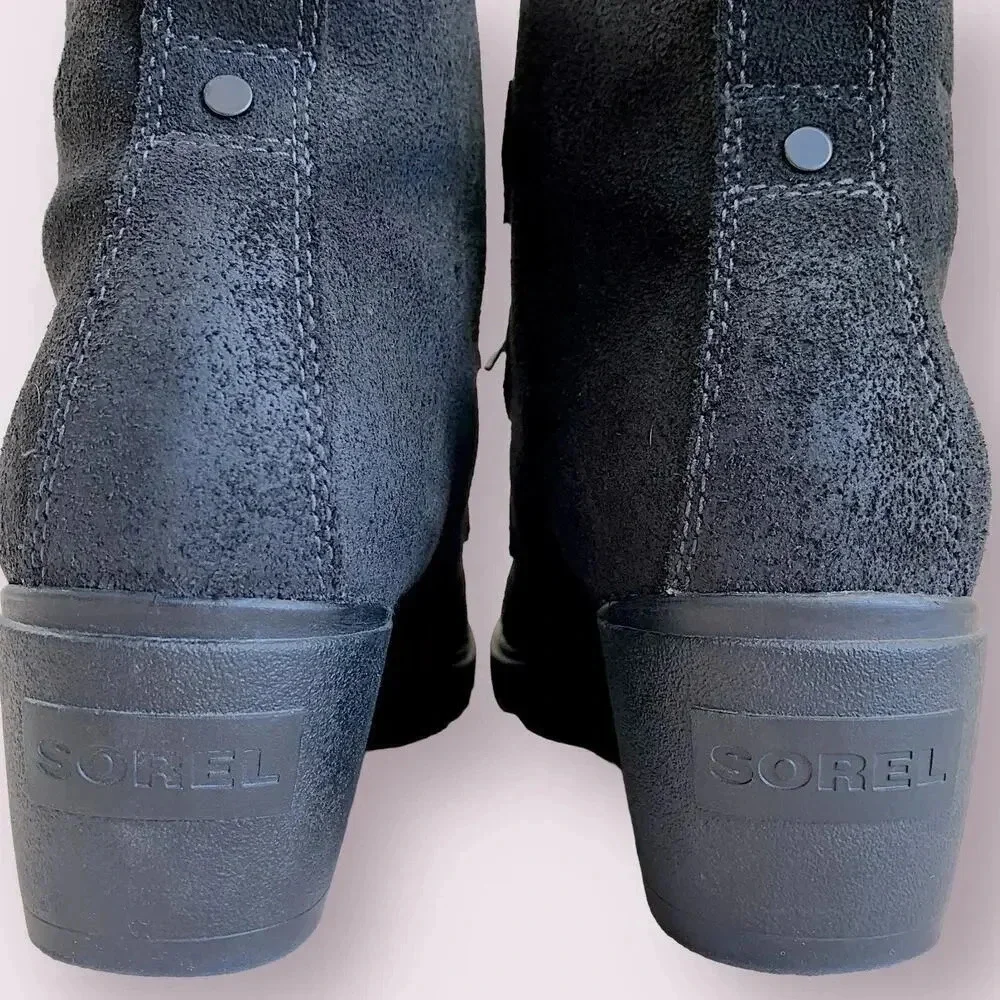 Sorel Suede Leather Waterproof Wedge Heel Ankle Bootie Lace Up Size 9 Black